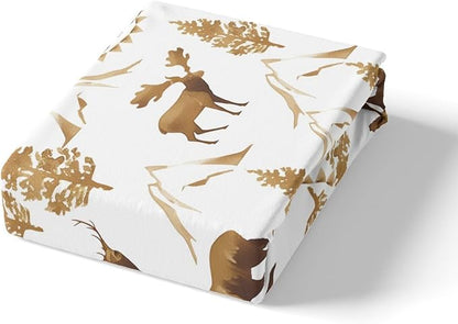 Deer Bear Kids Fitted Sheet Twin Size,Pine Trees Animals Hunting Adventure Camper Bedding Set,Boys Girls Room Decor,Mountain Rustic Farmhouse Bed Cover,Brown Retro Bed Sheet,1 Pillowcase