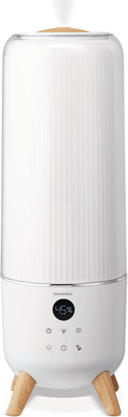 Homedics Ultrasonic Humidifier - Large Deluxe Air Humidifiers for Bedroom, Plants, Office - Top-Fill 1.47-Gallon Tank, Cool Mist, Essential Oil Pads and Built-In Timer, 3 Speed Settings, White