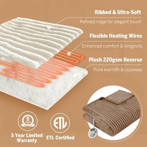Serta Electric Blanket, Soft, Ribbed, Plush Heating Blanket Twin for Office, Couch, 1-12 hr Auto Shut Off Timer, 10 Lv Heating, ETL Certified, Twin 62"x84" Chestnut Brown