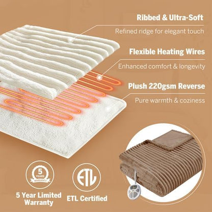 Serta Electric Blanket, Soft, Ribbed, Plush Heating Blanket Twin for Office, Couch, 1-12 hr Auto Shut Off Timer, 10 Lv Heating, ETL Certified, Twin 62"x84" Chestnut Brown