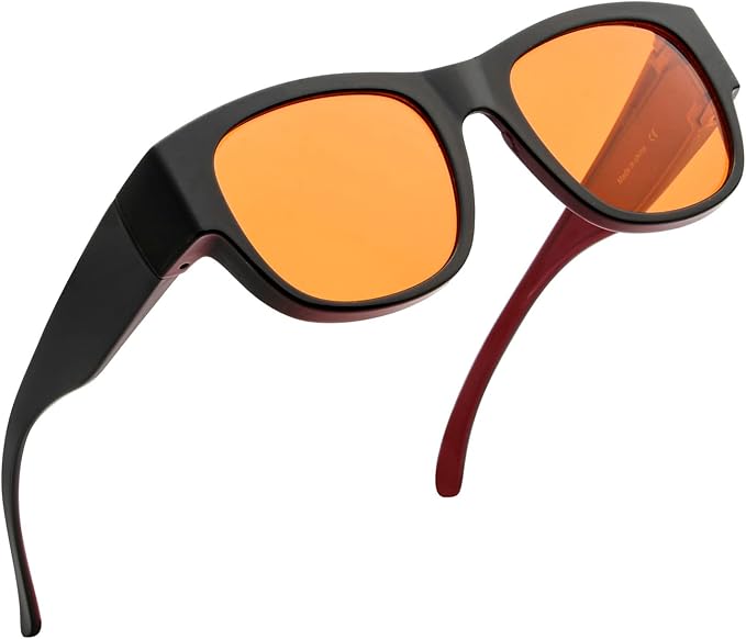BLUELESS Fits Over Computer Eyeglasses with Orange Tinted Sleep Glasses, Black Red