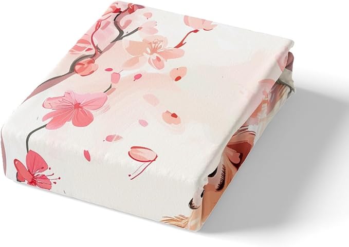 Lovely Squirrel Kids Fitted Sheet Twin Size,Japanese Ukiyo-e Cherry Blossom Bedding Set,Girls Women Room Decor,Cartoon Jungle Animal Rustic Bed Cover,Brown Pink Bed Sheet,1 Pillowcase