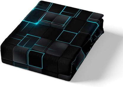 Manfei Abstract Sheet Set Full Size, Modern Geometric Square Grid Bedding Set for Kids Boys Girls Adults, Blue and Black Bed Sheet Set 4pcs with Deep Pocket Fitted Sheet + Flat Sheet + 2 Pillowcases