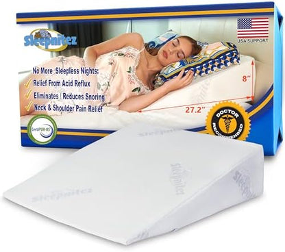 Sleepnitez Fsa Eligible 8" Bed Wedge Pillow – Memory Foam Wedge for Sleeping, Acid Reflux Pillow for Snoring, GERD, Pregnancy, Sleep Apnea, Reading – Luxurious 3.25" Memory Foam Top Layer