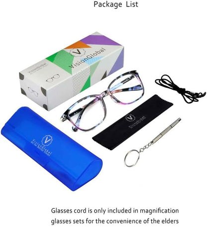 VisionGlobal Blue Light Blocking Glasses for Women, Anti Eyestrain, Computer Reading, TV Glasses, Stylish Square Frame, Anti Glare(+4.00 Magnification)