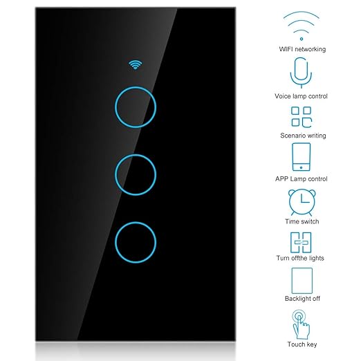 WiFi Touch Screen Switch Smart Single Circle for Voice Control - 3-Way Wireless Switch, ABS Fireproof, App Supported, 22 Languages, Compatible with SIRI