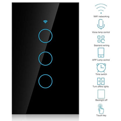 WiFi Touch Screen Switch Smart Single Circle for Voice Control - 3-Way Wireless Switch, ABS Fireproof, App Supported, 22 Languages, Compatible with SIRI