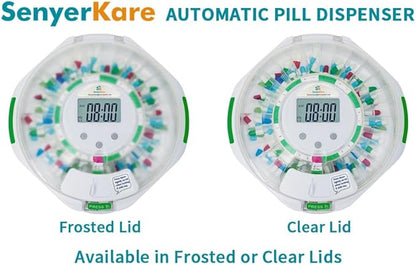 28-Day Automatic Pill Dispenser with Sound & Light Alerts for Elderly, up to 6 Alarms/Day, 6 Dosage Templates, Locked Frosted Lid Medication Dispenser for Protecting Pills Privacy