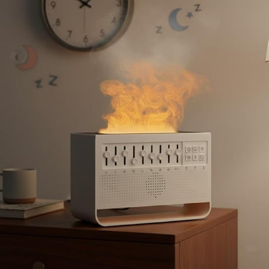 White Noise Sound Machine & Humidifier with Bluetooth Speaker, Sleep Aid Essential Oil Diffuser for Adults/Babies, Realistic Flame Lamp, Timer & Auto-Off for Deep Sleep.