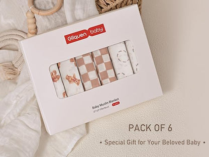 GLLQUEN BABY Receiving Blanket Boy Cotton Muslin Swaddle Blankets Girl Newborn Squares Breathable & Soft Thin Baby Blankets Cloths Double Absorbent Infant Swaddling Wrap - 6 Pack (Christmas Bear)