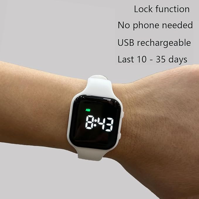 Water Resistant Potty Training Watch Rechargeable Vibrating Alarm Reminder Watch Silent Wake Up Wristband - with Lock (White)