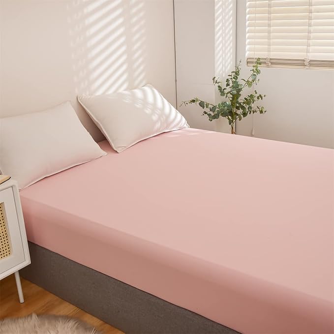 Holawakaka Queen Waterproof Mattress Encasement Protector Pink Fitted Sheet Breathable Bed Mattress Pad Cover, 14" Deep Pocket (Blush,Queen)