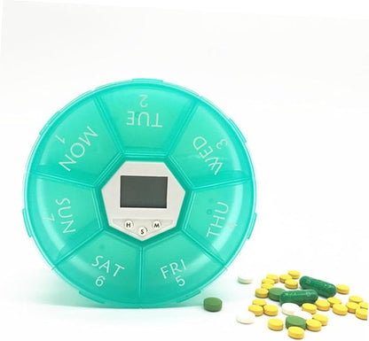 FAVOMOTO Electronic Pill Dispenser with Compartments and Alarm Clock Weekly Medication Organizer Box for Patients See-Through Lids Daily Reminder Portable Emerald Pill Storage Chest