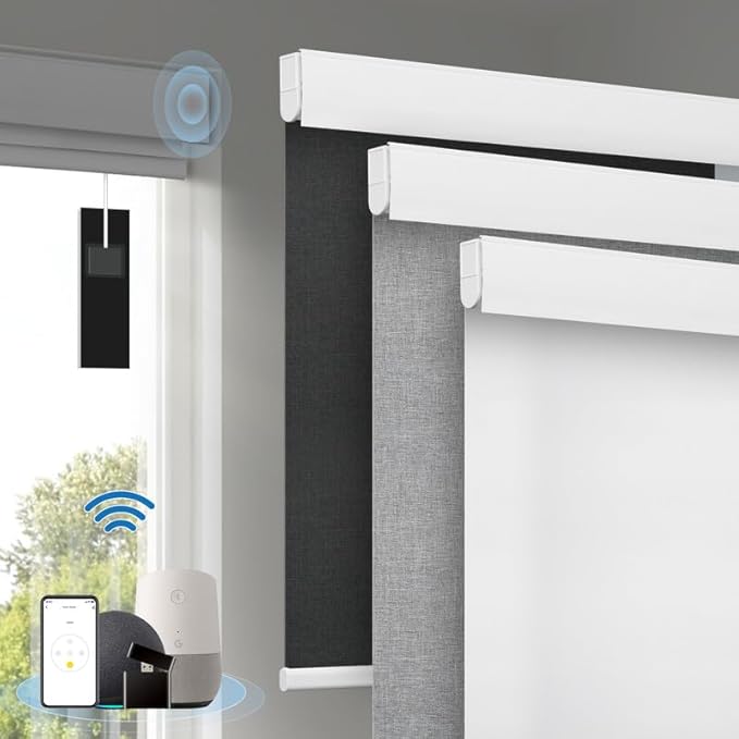 Motorized Blinds with Remote, [Free Solar Panels] Cordless Smart Blinds with Valance Cover, Blackout Electric Blinds with Remote Control, Automatic Roller Shades for Windows White 26" W x 72" H