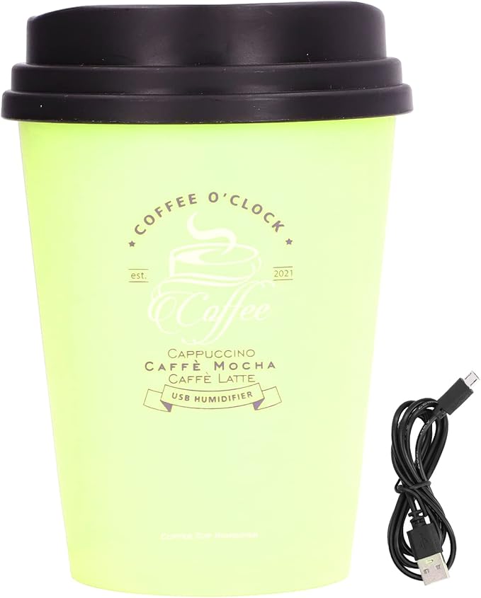 Mini Portable 300ml Humidifier, USB Coffee Cup Low Noise Desk Humidifier Lightweight Space Saving Car Humidifiers for Bedroom Office Travel Home (Green)