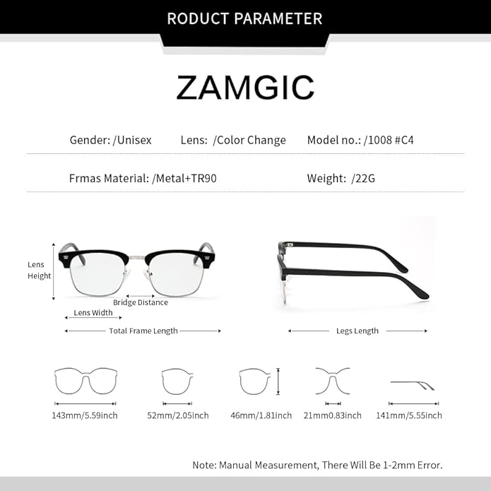 Photochromic Sunglasses Blue Light Blocking Glasses for Men and Women Day Night Multi-use