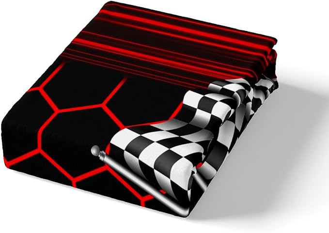 Extreme Sports Theme Fitted Sheet Queen Size,Checkered Flag Soft Bed Cover(1 Fitted Sheet+1 Pillow Case),Red Honeycomb Geometric Breathable Mattress Cover No Flat Sheet