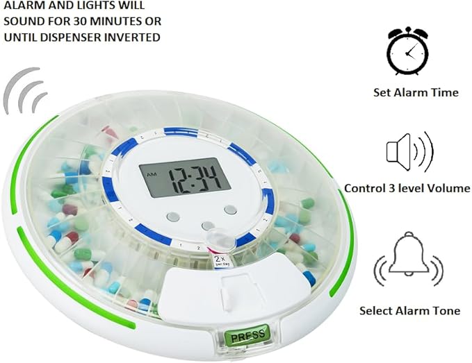 Automatic Pill Dispenser for Elderly with Alarm, Lock 28-Day Medication Dispenser, 6 Dosage Templates, Sound & Light Alerts & Key for Vitamins, Supplements (Clear Lid)