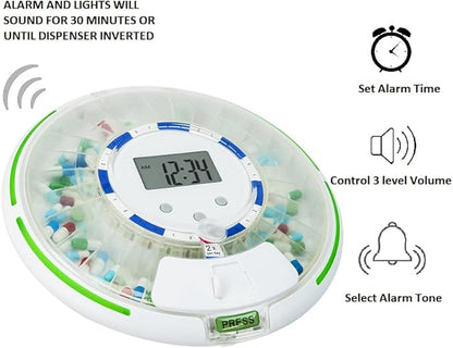 Automatic Pill Dispenser for Elderly with Alarm, Lock 28-Day Medication Dispenser, 6 Dosage Templates, Sound & Light Alerts & Key for Vitamins, Supplements (Clear Lid)