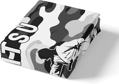 Manfei Jiujitsu Fitted Sheet Queen Size, Japanese Judo Sports Theme Bedding Set 3pcs, Grey Camouflage Print Bed Cover with 2 Pillowcases, Kids Boys Teen Room Decor, Soft Bedding(No Top Sheet)