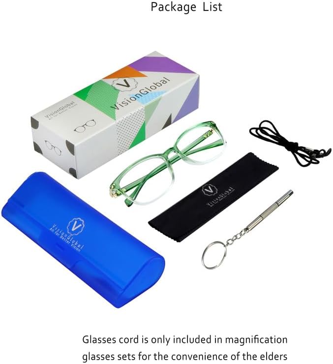 VisionGlobal Blue Light Blocking Glasses for Women/Men, Anti Eyestrain, Computer Reading, TV Glasses, Stylish Square Frame, Anti Glare