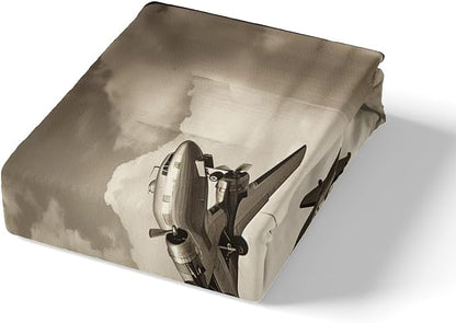 Airplane Kids Fitted Sheet Twin Size,High Building Modern Fashion Bedding Set,Boys Girls Room Decor,3D Flying Aviation Aircraft Bed Cover,Brown Retro Bed Sheet,1 Pillowcase