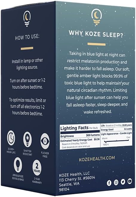 KOZE Sleep Light Bulb 1 Pack Amber Lights Blue - Blocking LED Light Bulb - 1600K Color Temp w/No Blue Light - Sleep Aid for Baby Nursery Light, 3.5 watt