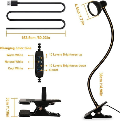 Clip on Light Reading Light for Bed 3 Color Modes 10 Dimmable Brightness Eye Care Clamp Desk Lamp 360° Flexible Desk Book Light for Reading Bed Headboard Computer Black