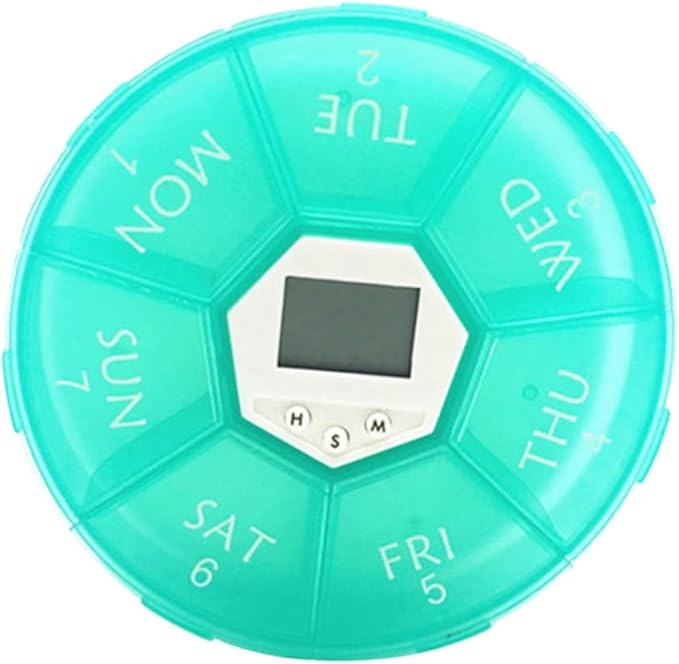 FAVOMOTO Electronic Pill Dispenser with Compartments and Alarm Clock Weekly Medication Organizer Box for Patients See-Through Lids Daily Reminder Portable Emerald Pill Storage Chest
