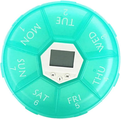 FAVOMOTO Electronic Pill Dispenser with Compartments and Alarm Clock Weekly Medication Organizer Box for Patients See-Through Lids Daily Reminder Portable Emerald Pill Storage Chest