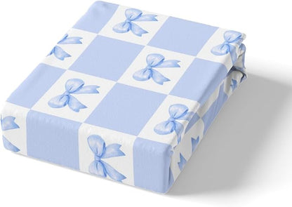 Princess Bowknot Bed Sheet Set Home Decor Dreamy Blue Bow-tie Girly Bow Sheet Sets Deep Pocket,Geometric Grids Plaids Patchwork Blue White Mattress Cover,Twin Size with 1 Pillowcase