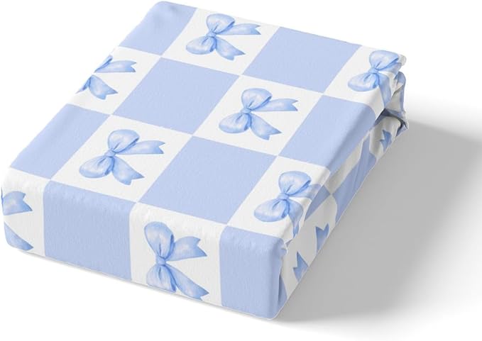 Princess Bowknot Fitted Sheet Set with 2 Pillowcase,Dreamy Blue Bow-tie Girly Bow Microfiber Mattress Cover,Geometric Grids Plaids Patchwork Blue White Bed Cover Queen Size
