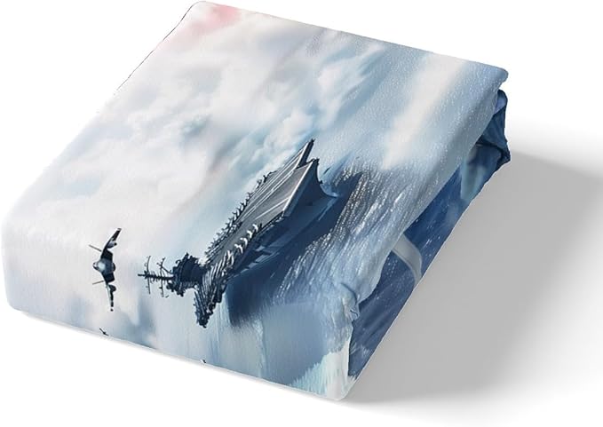 Fighter Aricraft Kids Fitted Sheet Queen Size,Warplane Warship Ocean Waves Bedding Set,Boys Men Room Decor,Aviation Theme Modern Fashion Bed Cover,Blue Bed Sheet,2 Pillowcases