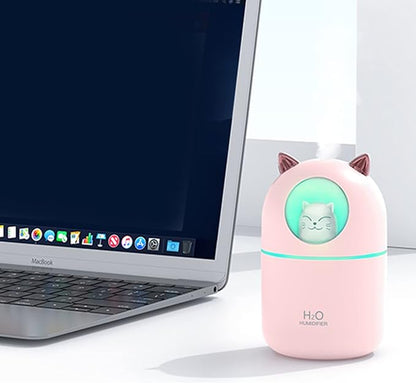 Cute Portable Pink Cool Mist Humidifier with 6 Pcs Filter Cotton Sticks, 7 Color Night Light, USB, for Bedroom, Office, Desk, Car, Travel