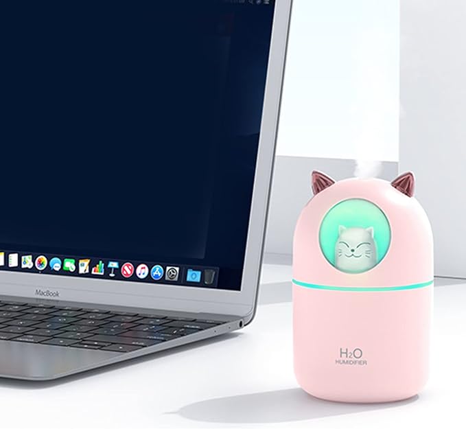Small Humidifier Cute Portable Cool Mist 300ML 7 Color Night Light USB Air Humidifier for Bedroom Office Desk Car Plants Travel (Pink)