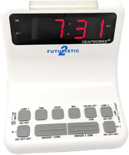 Futuristic 2 Silent Alarm Clock with Bright Flashing LED Lights for Deaf, Hard of Hearing, Heavy Sleepers | Dual Alarms, Built-in USB Chargers | Wake Up Gently (White)