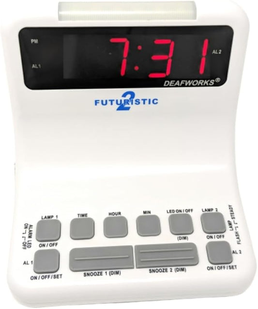 Futuristic 2 Silent Alarm Clock with Bright Flashing LED Lights for Deaf, Hard of Hearing, Heavy Sleepers | Dual Alarms, Built-in USB Chargers | Wake Up Gently (White)