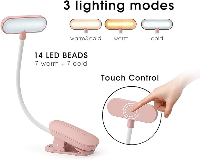 Rechargeable Book Light for Reading in Bed – 14 LED Book Light with 3 Color Temperatures, Stepless Dimming, Up to 80 Hours Runtime, 360° Rotatable Clip – Perfect for Book Lovers, Rose Gold
