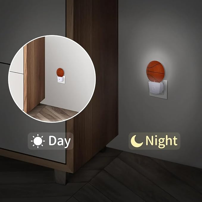 Plug-in Led Night Light with Auto Dusk to Dawn Sensor for Boys Girls Room Decor, Basketball Wall Lamp Nightlights for Hallway,Bedroom, Kids Room, Kitchen, Stairway, (0.5W, 2 Pack)