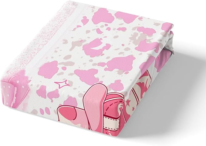 Western Cowgirl Fitted Sheet Queen Size,Ethnic Tribal Boots Hat Retro Soft Bed Cover(1 Fitted Sheet+1 Pillow Case),Princess Lace Pink Bowknot Rustic Cowhide Cow Fur Breathable Mattress Cover