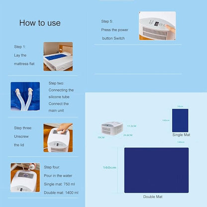 Bed Cooling System Water Cooling Pad, 70W Performance, 2 Gear Adjustment, 1-9 Hour Timer, Summer Mattress Cooler for Single & Double Mattresses, 140x160cm