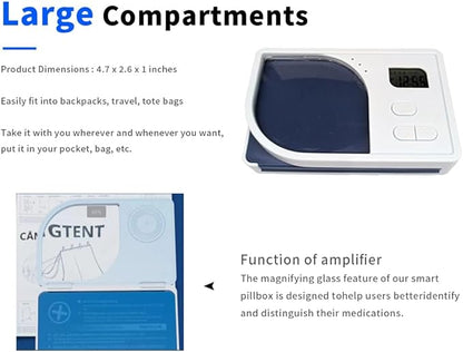 Pill Reminder，Pill Dispenser with Alarm，Equipped with Magnifying Glass，4 Reminder Alarms, Loud Sound,4 Large Compartments Portable Smart Pill Box
