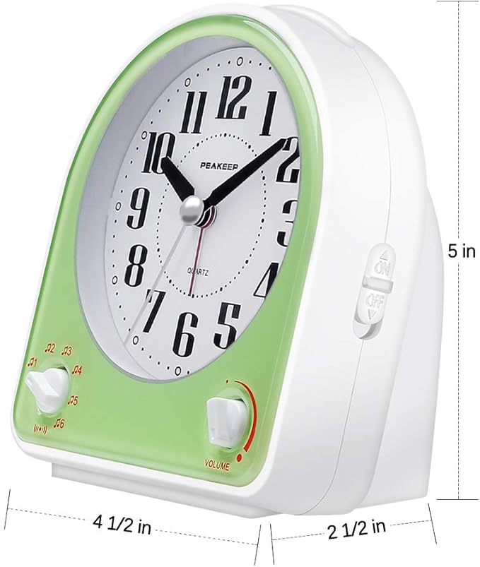 Peakeep Analog Alarm Clock Non-Ticking Silent, Optional 7 Wake-up Sounds with Volume Control, Nightlight and Snooze, AA Battery Operated (Green)