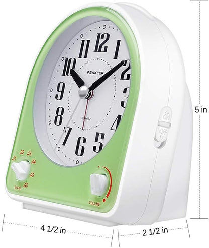 Peakeep Analog Alarm Clock Non-Ticking Silent, Optional 7 Wake-up Sounds with Volume Control, Nightlight and Snooze, AA Battery Operated (Green)