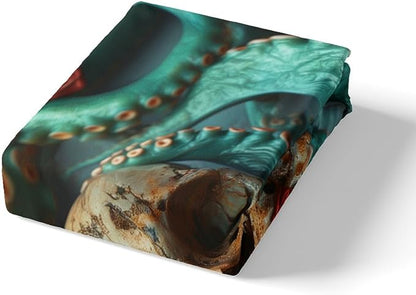 Skull Skeleton Fitted Sheet Twin Size,Octopus Marine Life Ocean Animals Bedding Set,Boys Girls Room Decor,Happy Halloween Rose Flowers Trippy Bed Cover,Blue Gothic Bed Sheet,1 Pillowcase