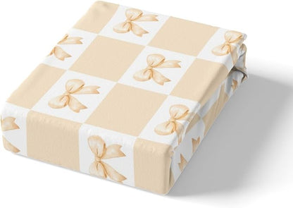 Yellow Bowknot Fitted Sheet Queen Size,Geometric Yellow White Plaids Grids Patchwork Soft Bed Cover(1 Fitted Sheet+1 Pillow Case),Princess Bow-tie Dreamy Girly Bow Breathable Mattress Cover