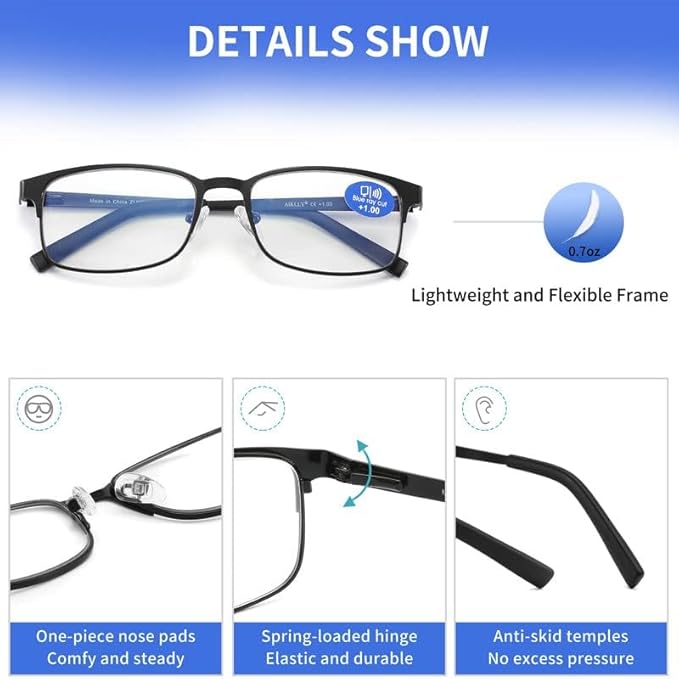 Reading Glasses for Men - 3 Pack Blue Light Blocking Men's Metal Readers