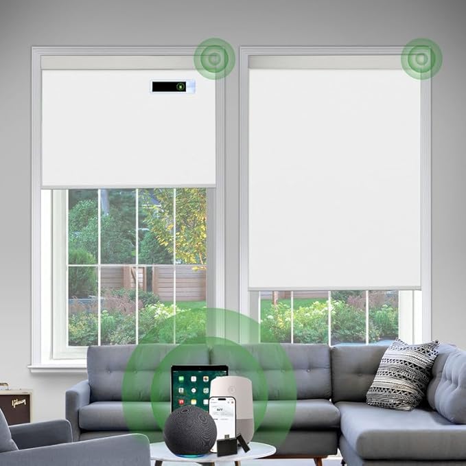 Motorized Blinds with Remote, Blackout Cooling Automatic Shades with Solar Panel Cordless Smart Blinds for Windows, Custom Electric Blinds Horizontal Roller Shades,White,33½" W X 72" H