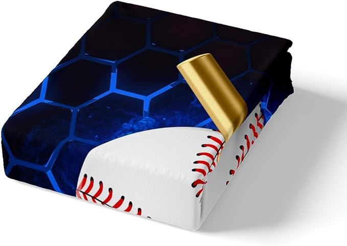Manfei Baseball Sheet Set Full Size, Ball Games Sports Themed Bed Sheet Set 4pcs with Deep Pocket Fitted Sheet + Flat Sheet + 2 Pillowcases, Royal Blue Honeycomb Bedding Set for Kids Boys Room Decor