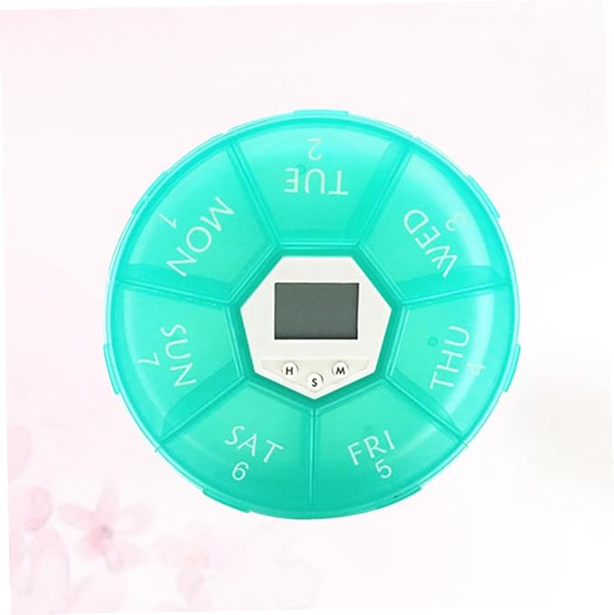 FAVOMOTO Electronic Pill Dispenser with Compartments and Alarm Clock Weekly Medication Organizer Box for Patients See-Through Lids Daily Reminder Portable Emerald Pill Storage Chest